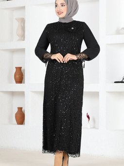 File Pullu Güllü Abiye Elbise 2517