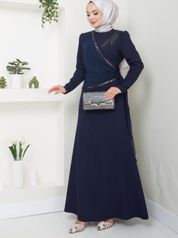 Pul Aplikeli Krep Abiye Elbise 2691 Lacivert