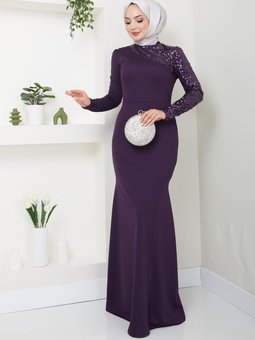 Pullu Balık Uzun Tesettür Abiye Elbise 2733