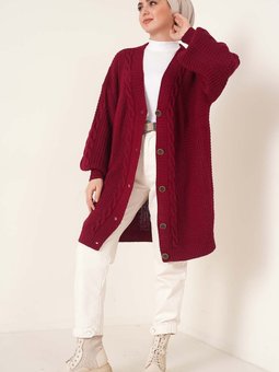 6999 Örgü Desenli Önden Düğmeli Hırka Bordo