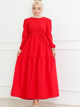 Akel Katlı Tam Boy Kuşaklı Elbise 281 Kırmızı