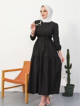 Akel Katlı Tam Boy Kuşaklı Elbise 281 Siyah