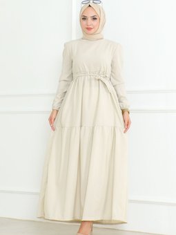 Akel Katlı Tam Boy Kuşaklı Elbise 281 Taş