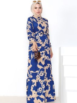 Nazen Desenli Kuşaklı Elbise 1051 İndigo
