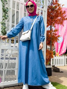 Robalı Patlı Kot Elbise 763 Açık Mavi