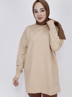 Bej Ekose Taş Baskılı İp Kumaş Sweatshirt