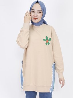 Bej İp Kumaş Kot Garnili Ve Baskılı Sweatshirt