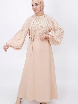 Bej Krep Kumaş Taş Detaylı Balon Kol Abiye Elbise