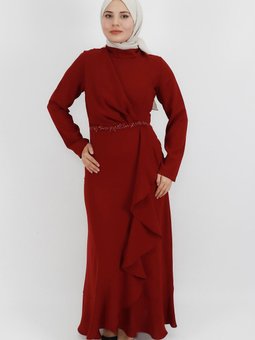 Bordo Kemeri Taşlı Fırfır Detaylı Krep Kumaş Abiye Elbise