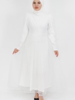 Ekru Dalya Kumaş Kruvaze Yaka Görünümlü Abiye Elbise