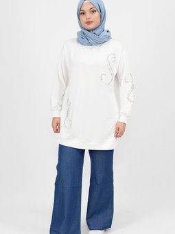 Ekru İnci Taş Detaylı İplik Sweatshirt