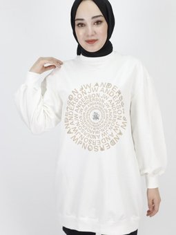 Ekru İp Kumaş Nakış Yazı Ve Taş Detaylı Sweatshirt