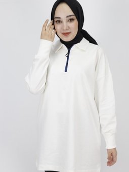 Ekru İp Kumaş Yaka Fermuar Detaylı Sweatshirt