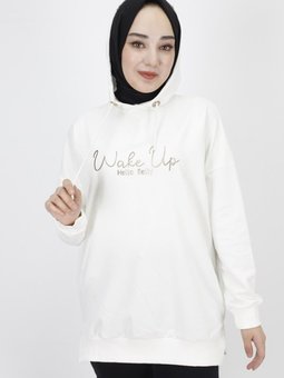 Ekru İp Kumaş Yazı Baskılı Kapüşonlu Sweatshirt