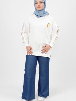 Ekru Kolları Nakış Detaylı İplik Sweatshirt