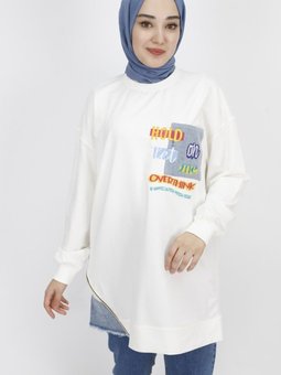 Ekru Nakış Detaylı İp Kumaş Sweatshirt