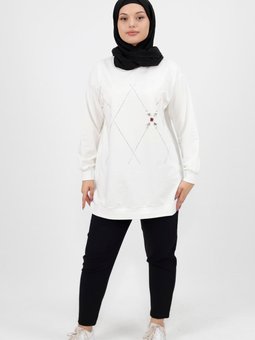 Ekru Taş Desenli İplik Sweatshirt