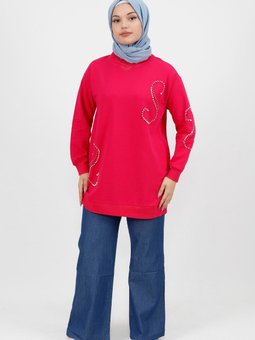 Fuşya İnci Taş Detaylı İplik Sweatshirt