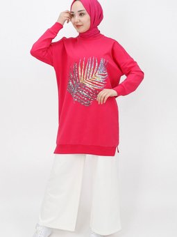 Fuşya Pul Detaylı 2ip Kumaş Sweatshirt