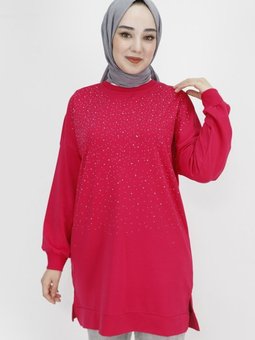 Fuşya Taş Baskılı İp Kumaş Sweatshirt