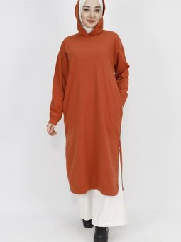 Kiremit İp Kumaş Kapüşonlu Yırtmaç Detaylı Sweatshirt