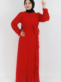 Kırmızı Fırfır Detaylı Şifon Kumaş Abiye Elbise