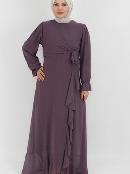 Lila Fırfır Detaylı Şifon Kumaş Abiye Elbise