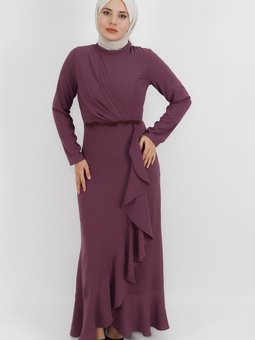 Lila Kemeri Taşlı Fırfır Detaylı Krep Kumaş Abiye Elbise