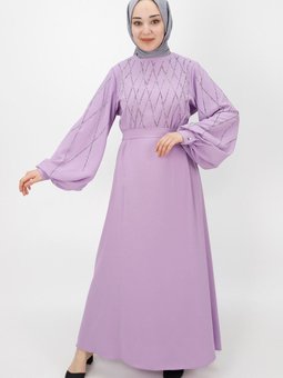 Lila Krep Kumaş Taş Detaylı Balon Kol Abiye Elbise
