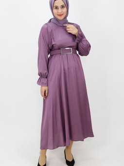 Lila Yarasa Kol Kemerli Krep Saten Abiye Elbise