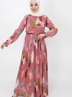 Pudra Eteği Pilise Detaylı Şifon Elbise