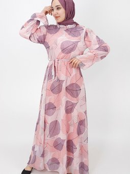 Pudra Yaprak Desenli Büzgü Detaylı Şifon Elbise