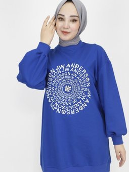 Saks Mavisi İp Kumaş Nakış Yazı Ve Taş Detaylı Sweatshirt