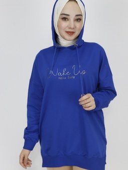 Saks Mavisi İp Kumaş Yazı Baskılı Kapüşonlu Sweatshirt