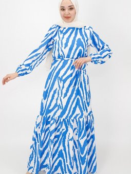 Saks Mavisi Zebra Desenli Şifon Kumaş Elbise