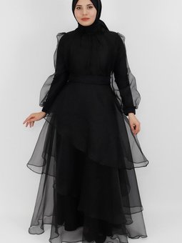 Siyah Dalya Kumaş Katkat Modelli Abiye Elbise