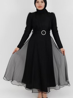 Siyah Dalya Kumaş Kruvaze Yaka Görünümlü Abiye Elbise