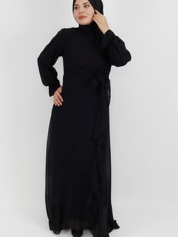 Siyah Fırfır Detaylı Şifon Kumaş Abiye Elbise