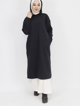 Siyah İp Kumaş Kapüşonlu Yırtmaç Detaylı Sweatshirt