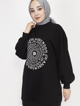 Siyah İp Kumaş Nakış Yazı Ve Taş Detaylı Sweatshirt