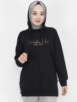 Siyah İp Kumaş Yazı Baskılı Kapüşonlu Sweatshirt