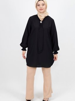 Siyah Kravat Yaka Jessica Kumaş Büyük Beden Tunik Gömlek