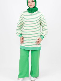 Yeşil Çizgili Desenli İplik Sweatshirt