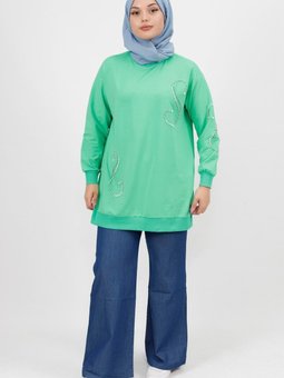 Yeşil İnci Taş Detaylı İplik Sweatshirt