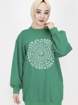 Yeşil İp Kumaş Nakış Yazı Ve Taş Detaylı Sweatshirt
