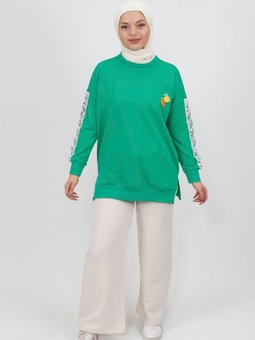 Yeşil Kolları Nakış Detaylı İplik Sweatshirt