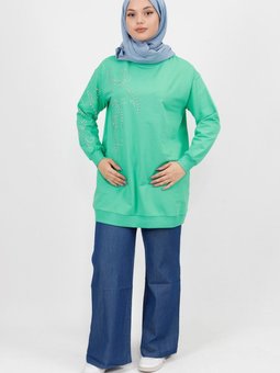 Yeşil Taş Detaylı İplik Sweatshirt