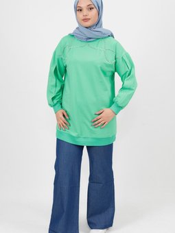 Yeşil Taş İnci Çakmalı İplik Sweatshirt