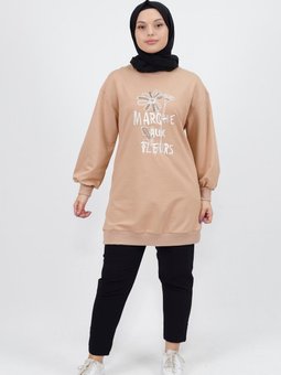 Bej İnci Ve Nakış Detaylı İplik Kumaş Sweatshirt
