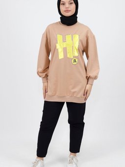 Bej Taş Ve Yazı Detaylı İplik Kumaş Sweatshirt